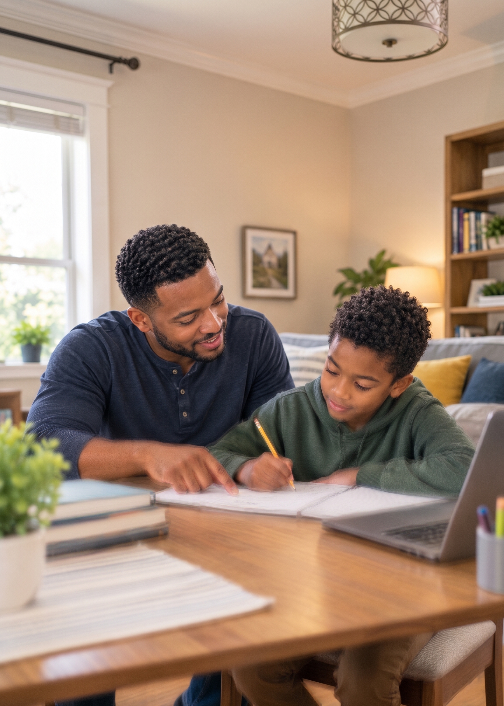 Parent and child learning together at home